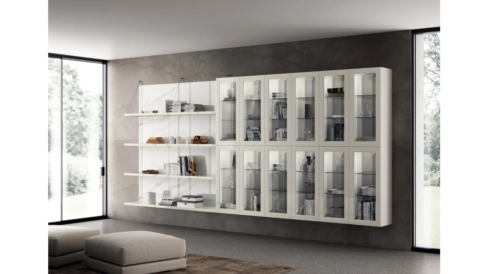 Libreria Living Exclusiva in laccato lucido Bianco Prestige di Scavolini