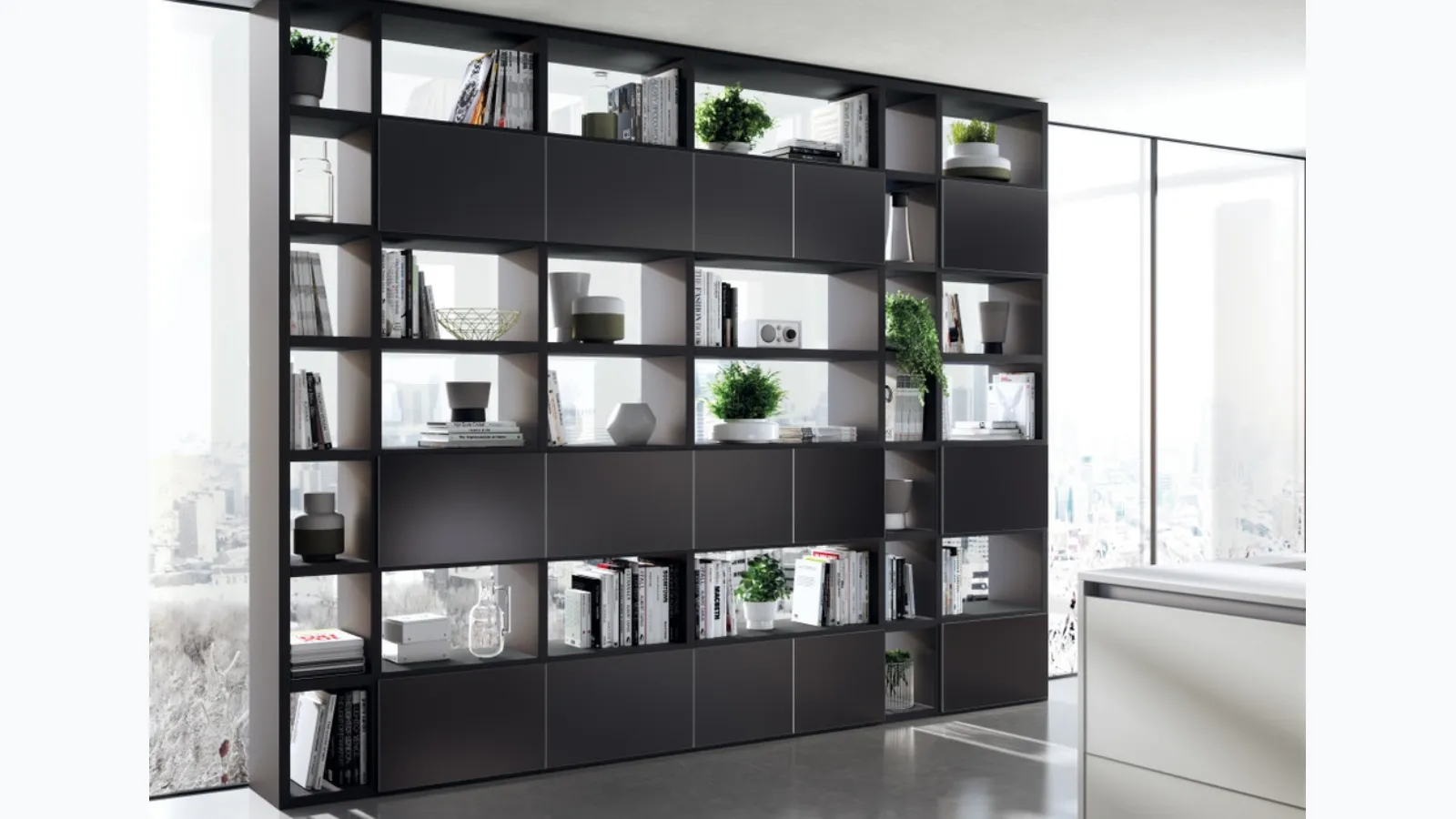 Libreria divisoria Living Tetrix Fluida in vetro laccato di Scavolini