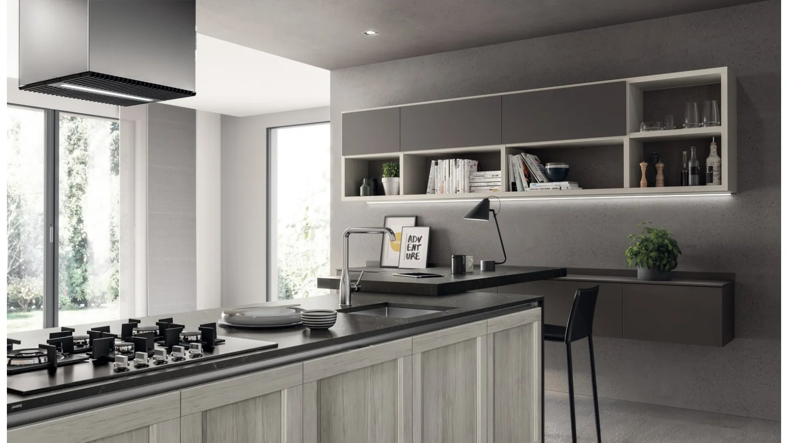 Parete Attrezzata sospesa Living Evolution in laccato Grigio di Scavolini