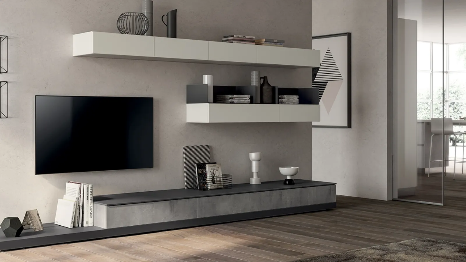 Parete Attrezzata Living Evolution in decorativo Concrete Medium di Scavolini