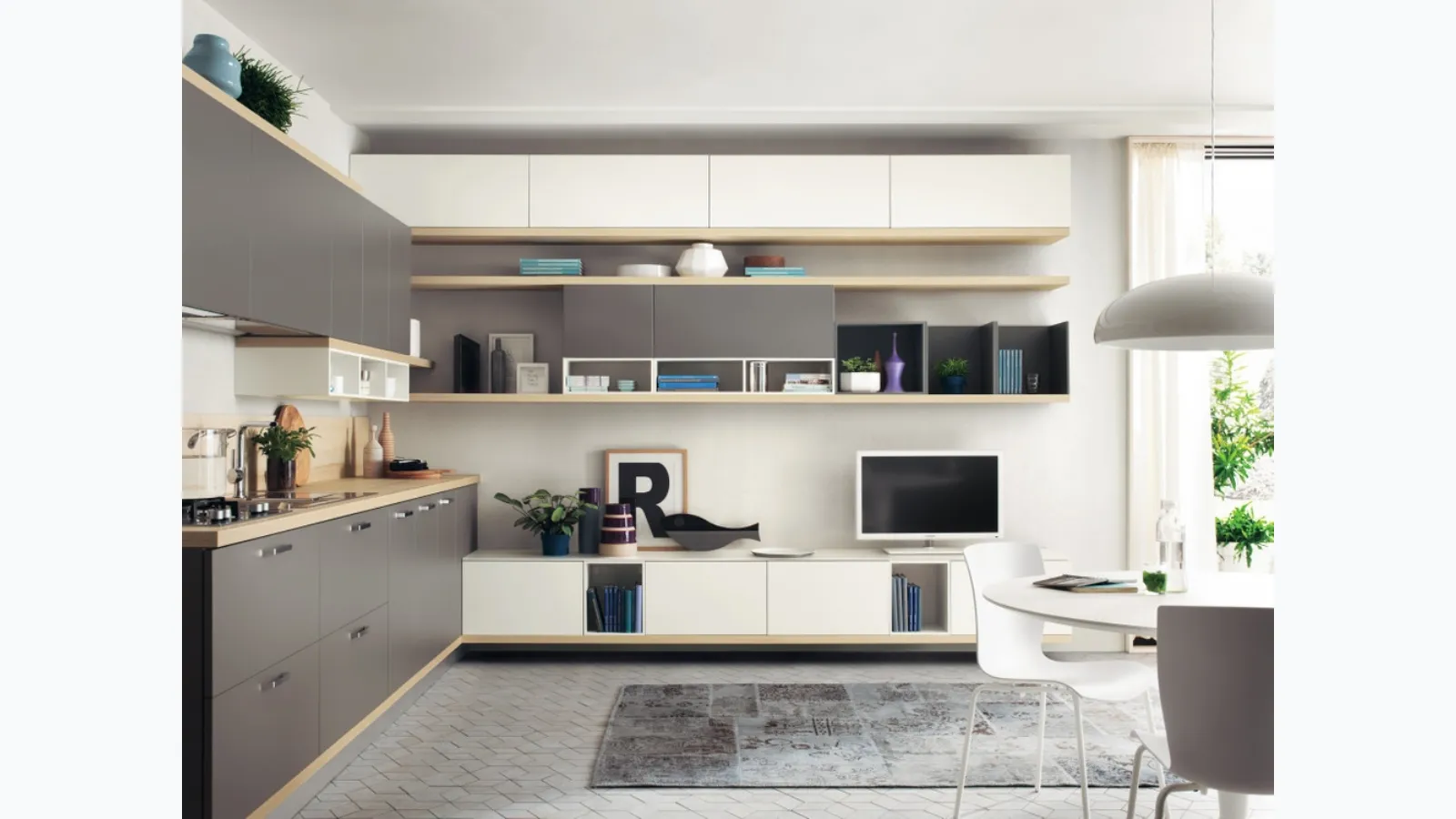 Parete Attrezzata Living Foodshelf in laccato Bianco e Frassino di Scavolini