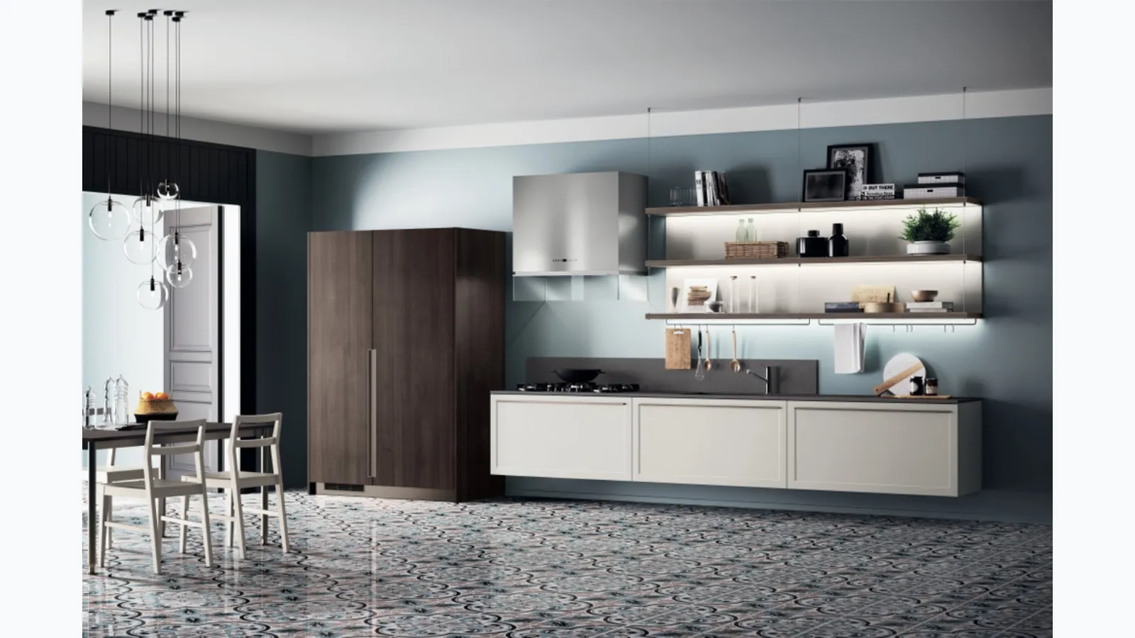 Cucina Moderna Carattere in laccato Grigio con armadio in Noce Saxony di Scavolini