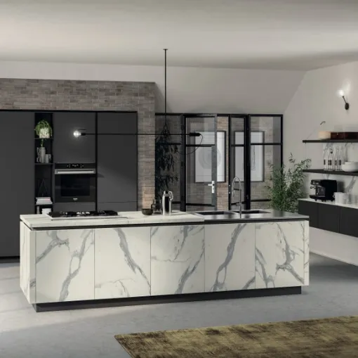 Cucina Moderna Liberamente in laminato Statuario e Grigio Ferro di Scavolini