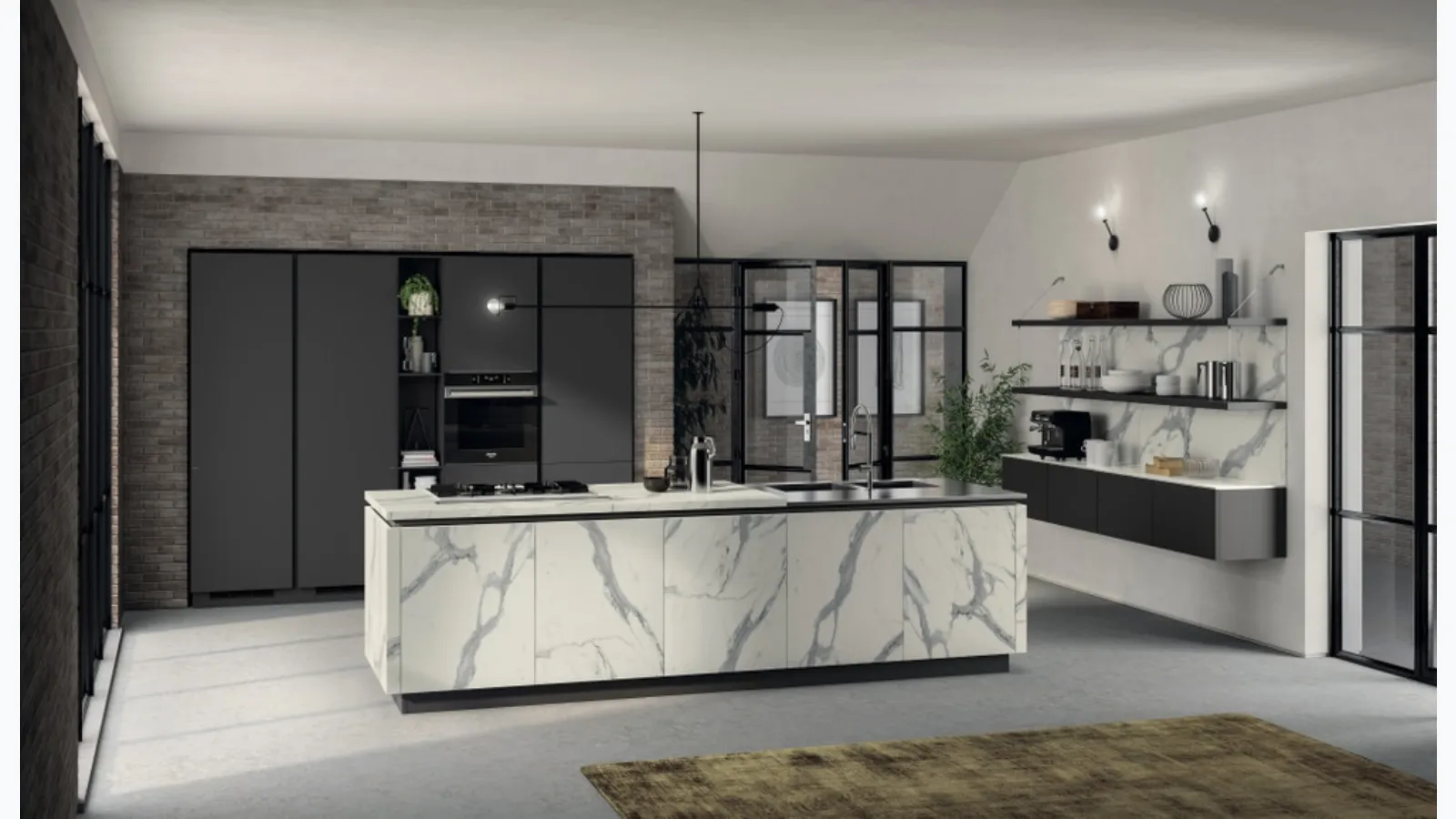 Cucina Moderna Liberamente in laminato Statuario e Grigio Ferro di Scavolini