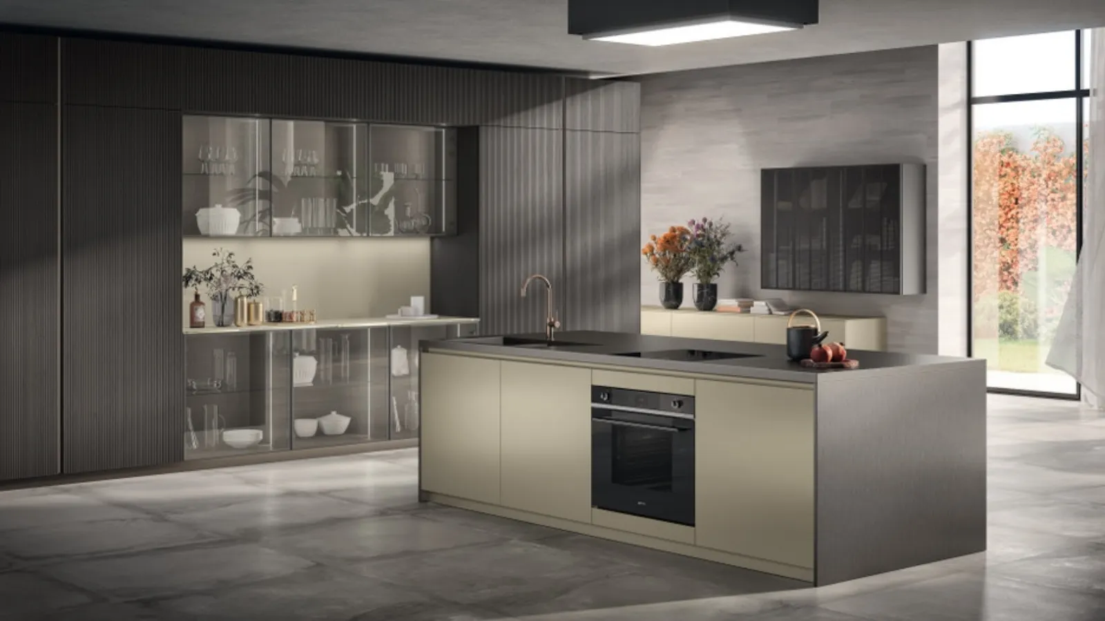 Cucina Moderna Libra in laccato lucido Perlage e Rovere Pepper di Scavolini