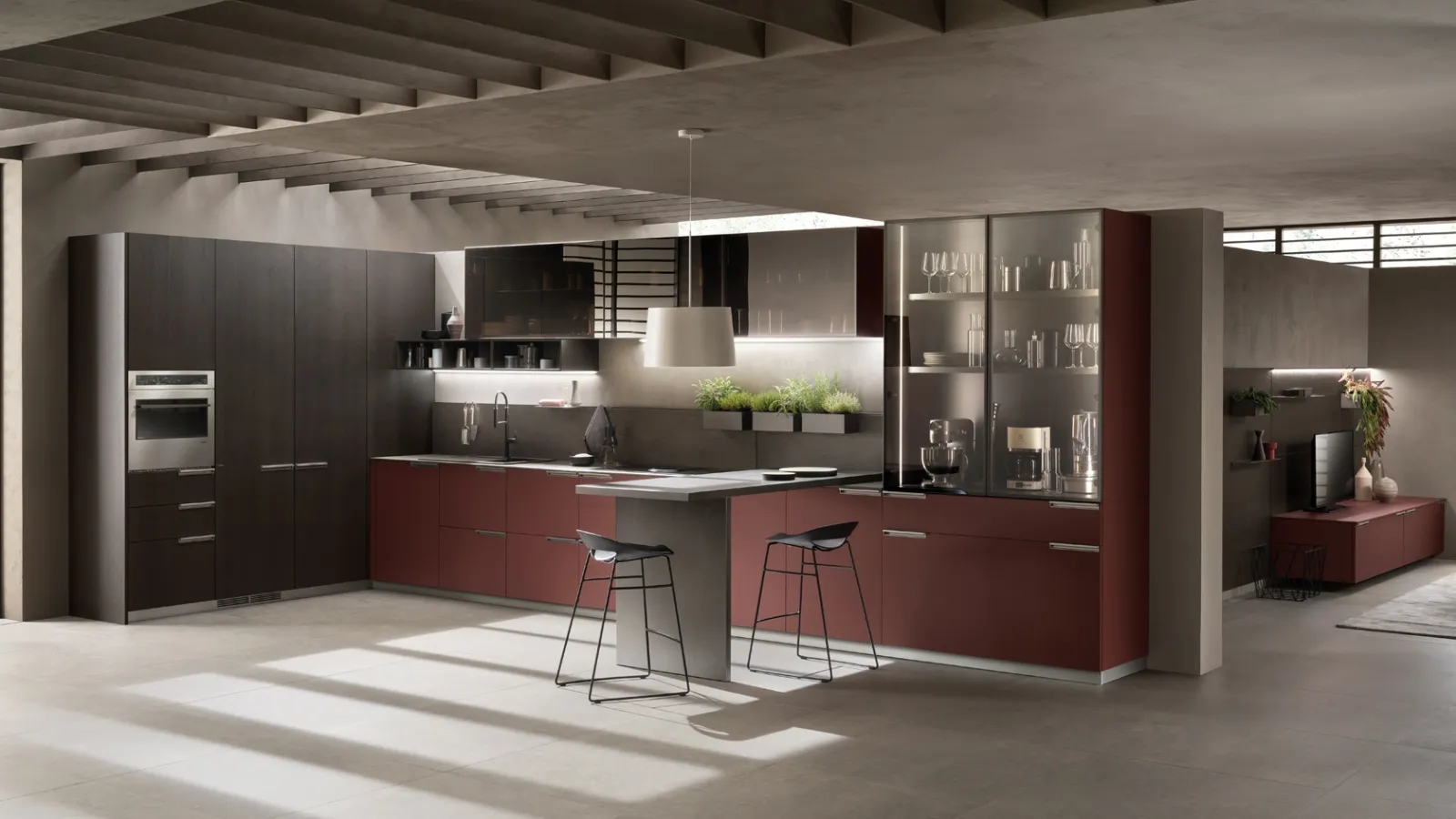 Cucina Moderna Mia Rosso Jaipur e Rovere Carbone di Scavolini