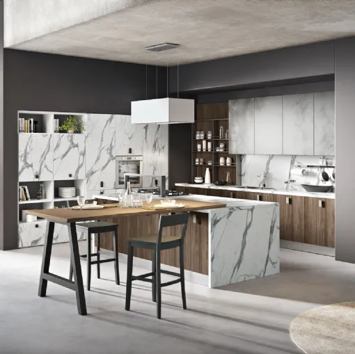 Cucina Moderna con isola Miami 42 in legno e melaminico effetto marmo di Spar