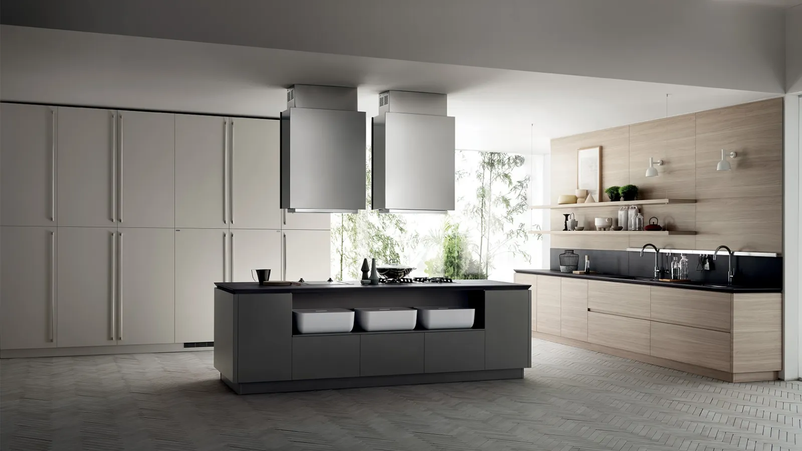 Cucina Moderna Qi in laccato Grigio Titanio, Grigio Chiaro e Olmo Hono di Scavolini